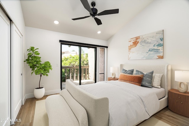 4434 E Camelback Rd Unit 132, Phoenix, AZ 85018 - bedroom featuring access to exterior, wood finished floors, lofted ceiling, recessed lighting, and a closet