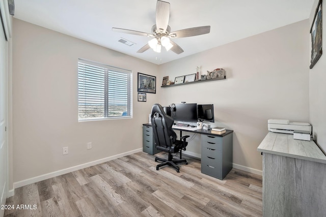 office area featuring ceiling fan and light wood-type flooring