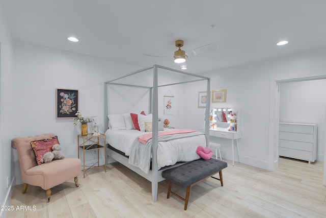 bedroom with recessed lighting, light wood-type flooring, and a ceiling fan
