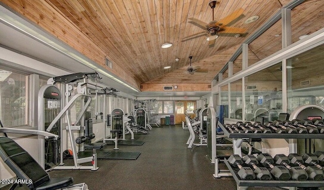 exercise room featuring ceiling fan, wooden ceiling, and vaulted ceiling