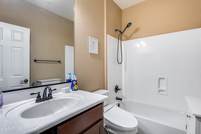 full bathroom featuring toilet, vanity, and bathing tub / shower combination