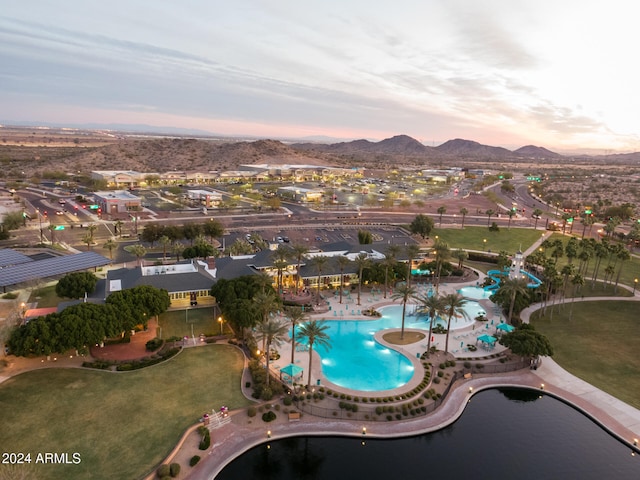 aerial view at dusk with a mountain view