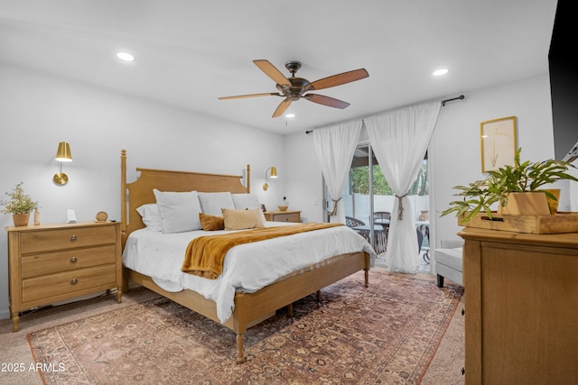 bedroom with access to exterior, a ceiling fan, and recessed lighting