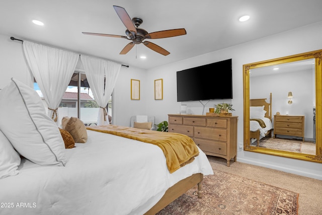 carpeted bedroom with recessed lighting, access to outside, and ceiling fan