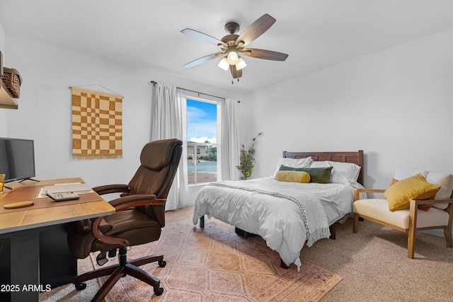 bedroom with light colored carpet and ceiling fan