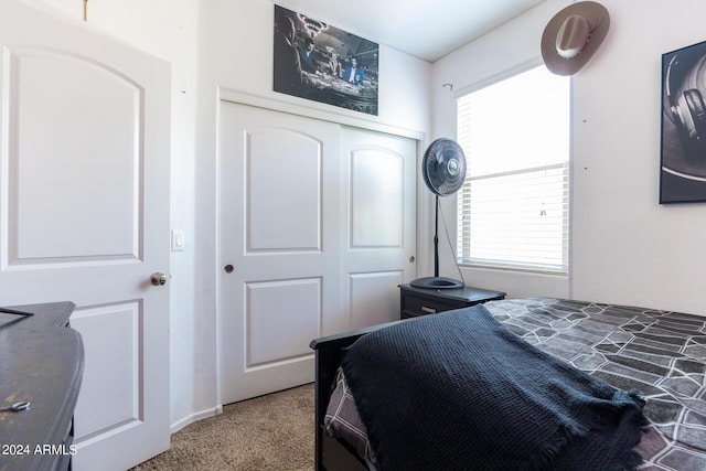 bedroom featuring carpet flooring and a closet