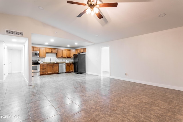 8021 W Hazelwood St, Phoenix, AZ 85033 - unfurnished living room featuring lofted ceiling, a ceiling fan, recessed lighting, and baseboards