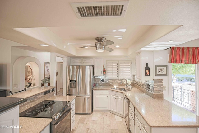 kitchen featuring sink, a raised ceiling, light hardwood / wood-style flooring, backsplash, and appliances with stainless steel finishes