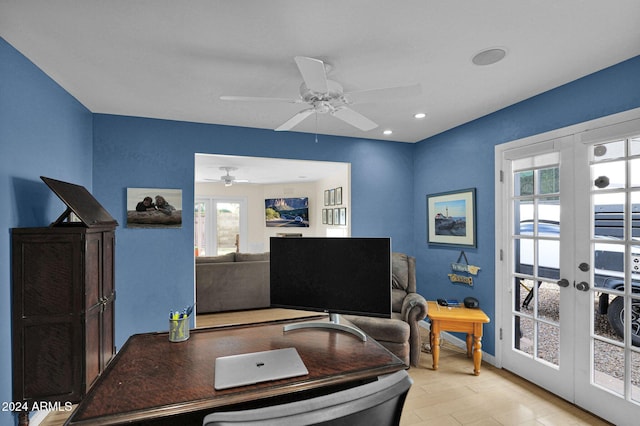 office area with ceiling fan and french doors