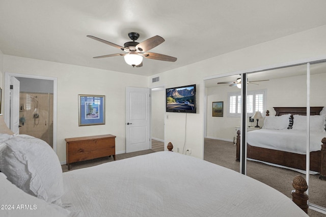 bedroom with ceiling fan and a closet