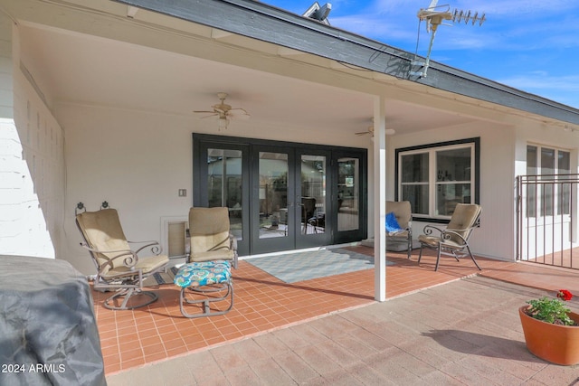 view of patio featuring ceiling fan and french doors