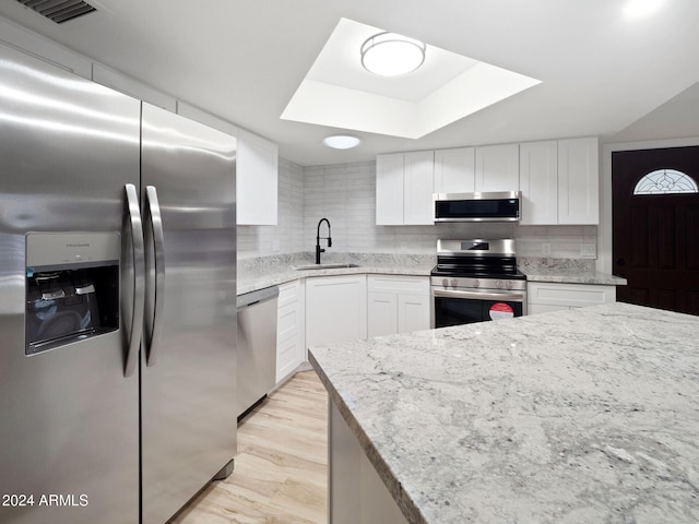 kitchen featuring white cabinetry, sink, backsplash, light hardwood / wood-style floors, and appliances with stainless steel finishes