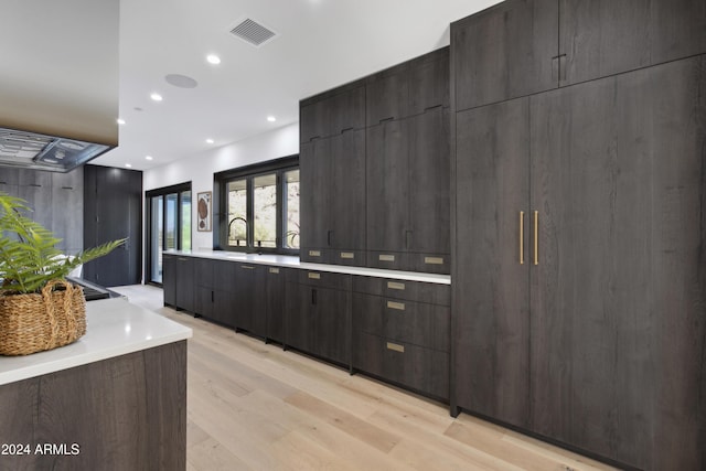 kitchen featuring light hardwood / wood-style floors, sink, and dark brown cabinets