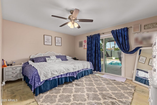 bedroom featuring access to exterior and ceiling fan