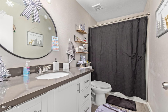 bathroom with vanity, toilet, a textured ceiling, and wood-type flooring