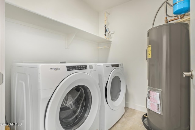 2511 W Queen Creek Rd Unit 378, Chandler, AZ 85248 - washroom featuring laundry area, light tile patterned floors, baseboards, separate washer and dryer, and water heater
