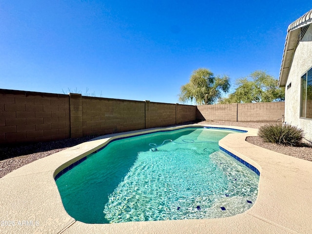 view of swimming pool featuring a fenced backyard and a fenced in pool