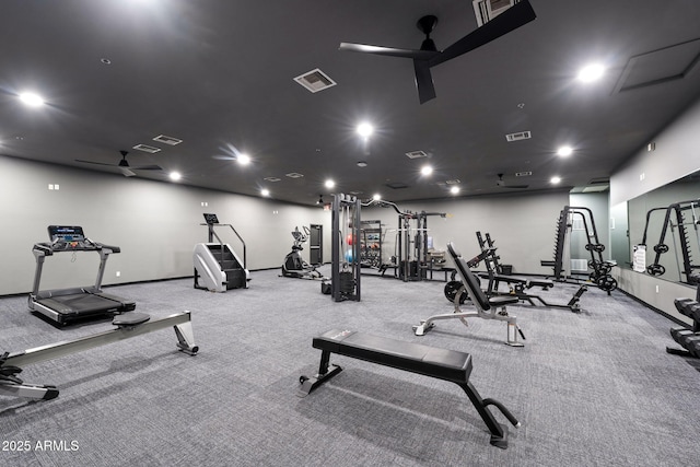 workout area with carpet floors and ceiling fan