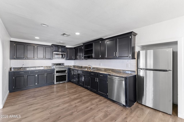 6714 N 26th Dr, Phoenix, AZ 85017 - kitchen with light wood-type flooring, open shelves, visible vents, a sink, and stainless steel appliances