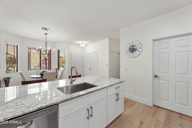 11500 E Cochise Dr Unit 1015, Scottsdale, AZ 85259 - kitchen with visible vents, stainless steel dishwasher, a sink, white cabinets, and a notable chandelier
