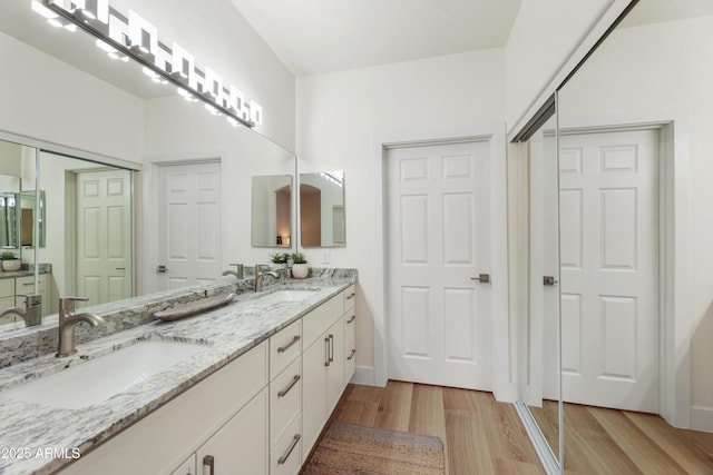 11500 E Cochise Dr Unit 1015, Scottsdale, AZ 85259 - bathroom with double vanity, a sink, baseboards, and wood finished floors