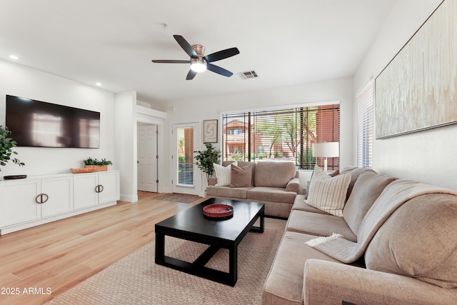 11500 E Cochise Dr Unit 1015, Scottsdale, AZ 85259 - living room featuring visible vents, recessed lighting, light wood-style floors, and ceiling fan