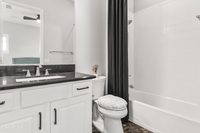 full bathroom featuring vanity, toilet, and shower / bathtub combination with curtain