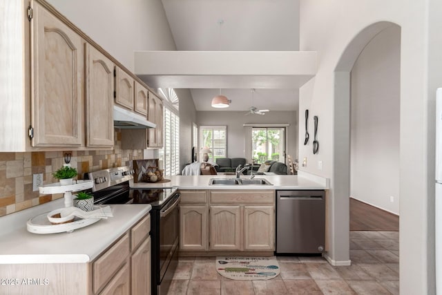 23756 S Vacation Way, Sun Lakes, AZ 85248 - kitchen with dishwasher, electric range oven, a sink, under cabinet range hood, and light brown cabinetry