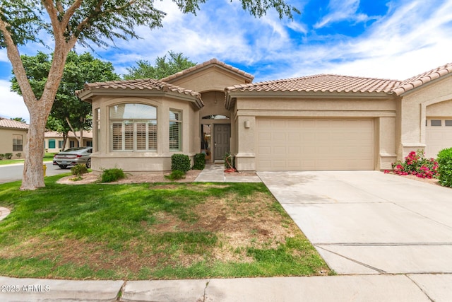 23756 S Vacation Way, Sun Lakes, AZ 85248 - mediterranean / spanish-style home with a garage, driveway, stucco siding, a front yard, and a tiled roof