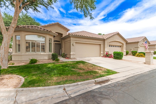 23756 S Vacation Way, Sun Lakes, AZ 85248 - mediterranean / spanish house with a garage, stucco siding, driveway, a front lawn, and a tile roof