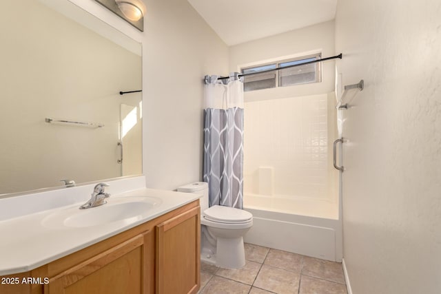 full bathroom with toilet, vanity, tile patterned flooring, and shower / bath combo with shower curtain