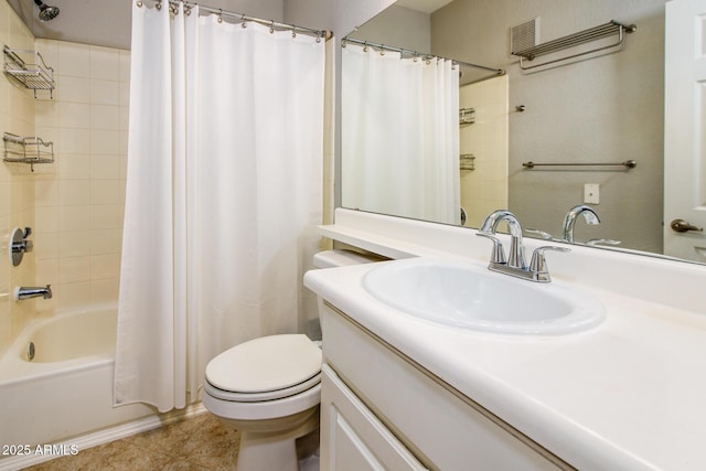 full bathroom with shower / tub combo, vanity, tile patterned flooring, and toilet