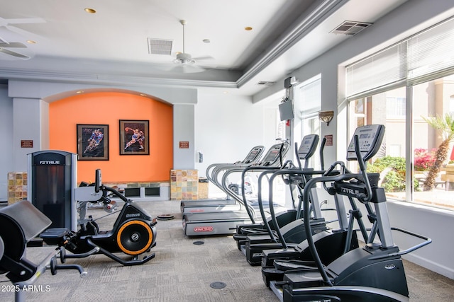 workout area featuring ceiling fan and carpet