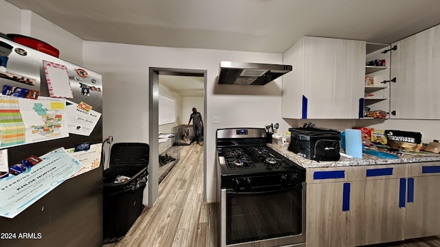 kitchen with appliances with stainless steel finishes, light wood-type flooring, ventilation hood, and light stone counters