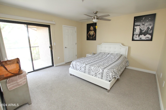 bedroom with light colored carpet, access to outside, and ceiling fan