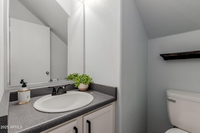 bathroom featuring toilet, vanity, and vaulted ceiling