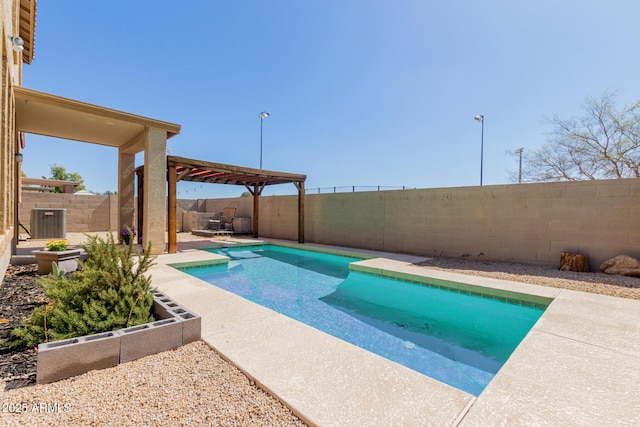 view of pool featuring a patio area, a fenced in pool, a pergola, and a fenced backyard