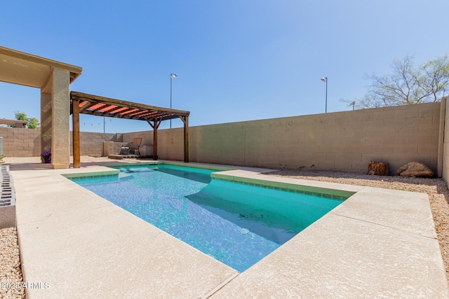 view of swimming pool featuring a fenced in pool, a patio area, a pergola, and a fenced backyard