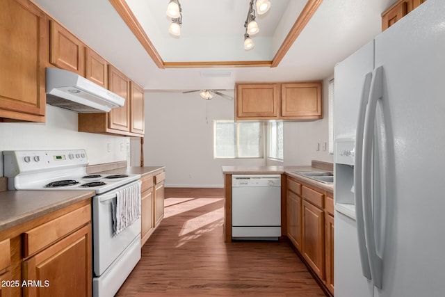 kitchen with white appliances, sink, a raised ceiling, ceiling fan, and dark hardwood / wood-style floors