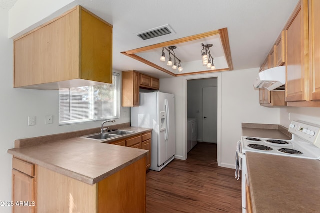 kitchen featuring white appliances, light hardwood / wood-style floors, sink, ventilation hood, and a tray ceiling