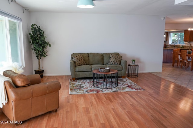 living room with light hardwood / wood-style floors and sink