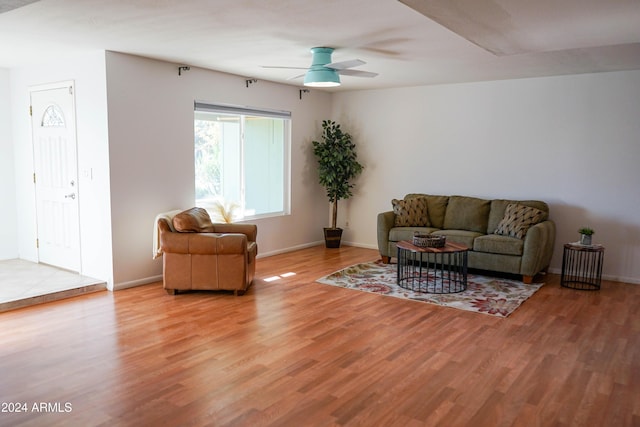 living room featuring ceiling fan and light wood-type flooring