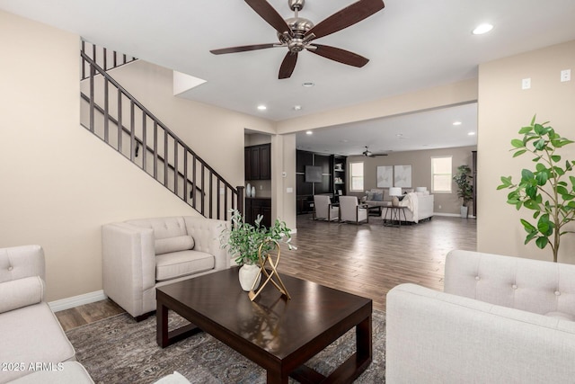 3338 E Coconino Dr, Gilbert, AZ 85298 - living room featuring a ceiling fan, wood finished floors, stairway, and recessed lighting
