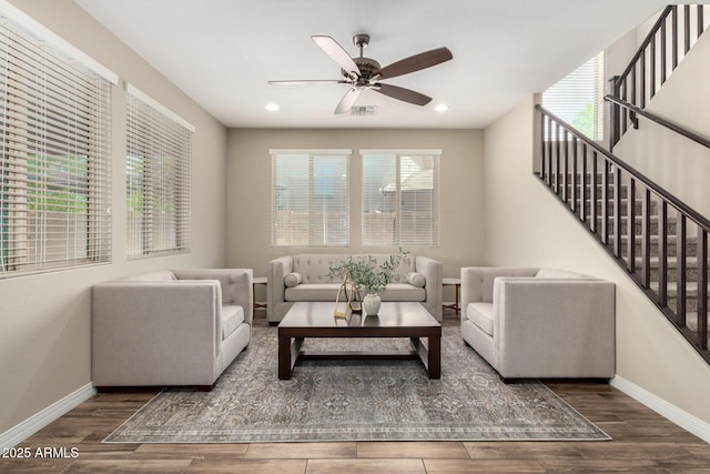 3338 E Coconino Dr, Gilbert, AZ 85298 - living room featuring wood finished floors, a ceiling fan, plenty of natural light, and recessed lighting
