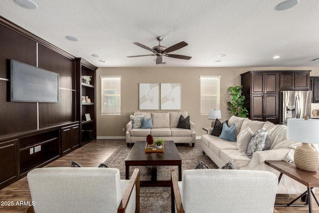 3338 E Coconino Dr, Gilbert, AZ 85298 - living room with ceiling fan, plenty of natural light, dark wood-style flooring, and recessed lighting
