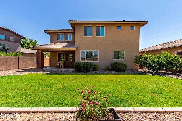 3338 E Coconino Dr, Gilbert, AZ 85298 - rear view of house with a ceiling fan, stucco siding, a fenced backyard, and a patio