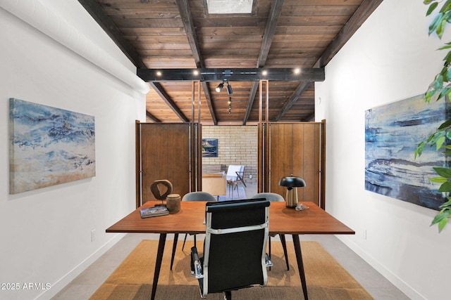 office area with beam ceiling and wood ceiling