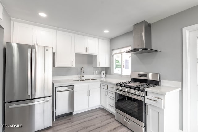6316 N 23rd Ave, Phoenix, AZ 85015 - kitchen featuring stainless steel appliances, wall chimney exhaust hood, a sink, white cabinets, and light countertops