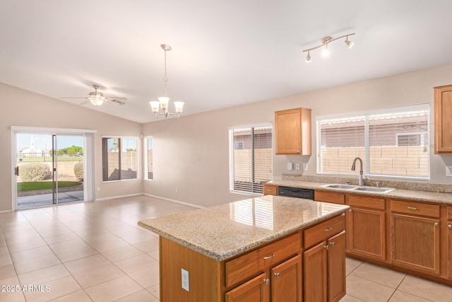 kitchen featuring black dishwasher, lofted ceiling, open floor plan, a center island, and a sink