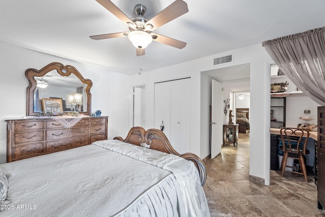 bedroom with a closet, visible vents, and a ceiling fan